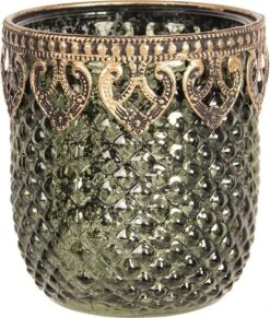 Clayre & Eef Theelichthouder Ø 8x9 Cm Groen Goudkleurig Glas Metaal Waxinelichthouder Windlichthouder