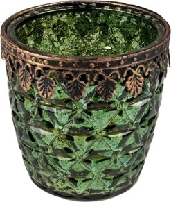 Clayre & Eef Theelichthouder Ø 9x9 Cm Groen Glas Metaal Waxinelichthouder Windlichthouder