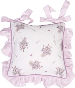 Clayre & Eef Kussenhoes Stoelkussen 40x40 Cm Paars Wit Katoen Vierkant Lavendel Sierkussen Kussensloop Kussenbeschermer