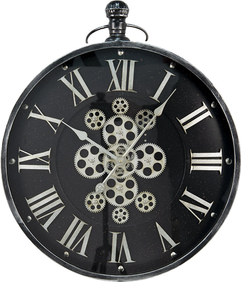 Clayre & Eef Wandklok 60x80 Cm Zwart Zilverkleurig MDF Ijzer Rond Muurklok Hangklok Keukenklok 3 Clayre & Eef Wandklok 60x80 Cm Zwart Zilverkleurig MDF Ijzer Rond Muurklok Hangklok Keukenklok