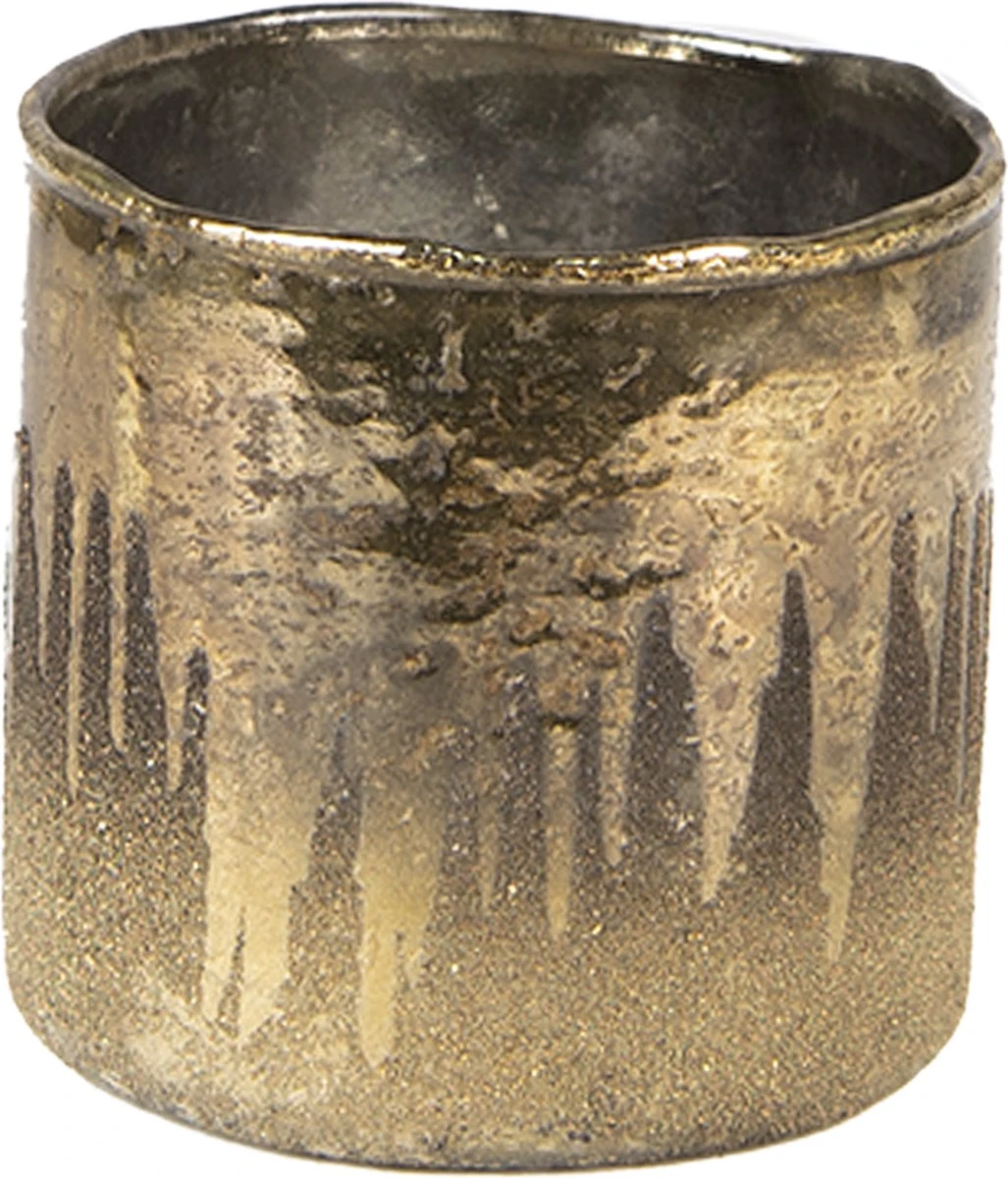 Clayre & Eef Theelichthouder Ø 8x7 Cm Goudkleurig Bruin Glas Waxinelichthouder Windlichthouder 3 Clayre & Eef Theelichthouder Ø 8x7 Cm Goudkleurig Bruin Glas Waxinelichthouder Windlichthouder