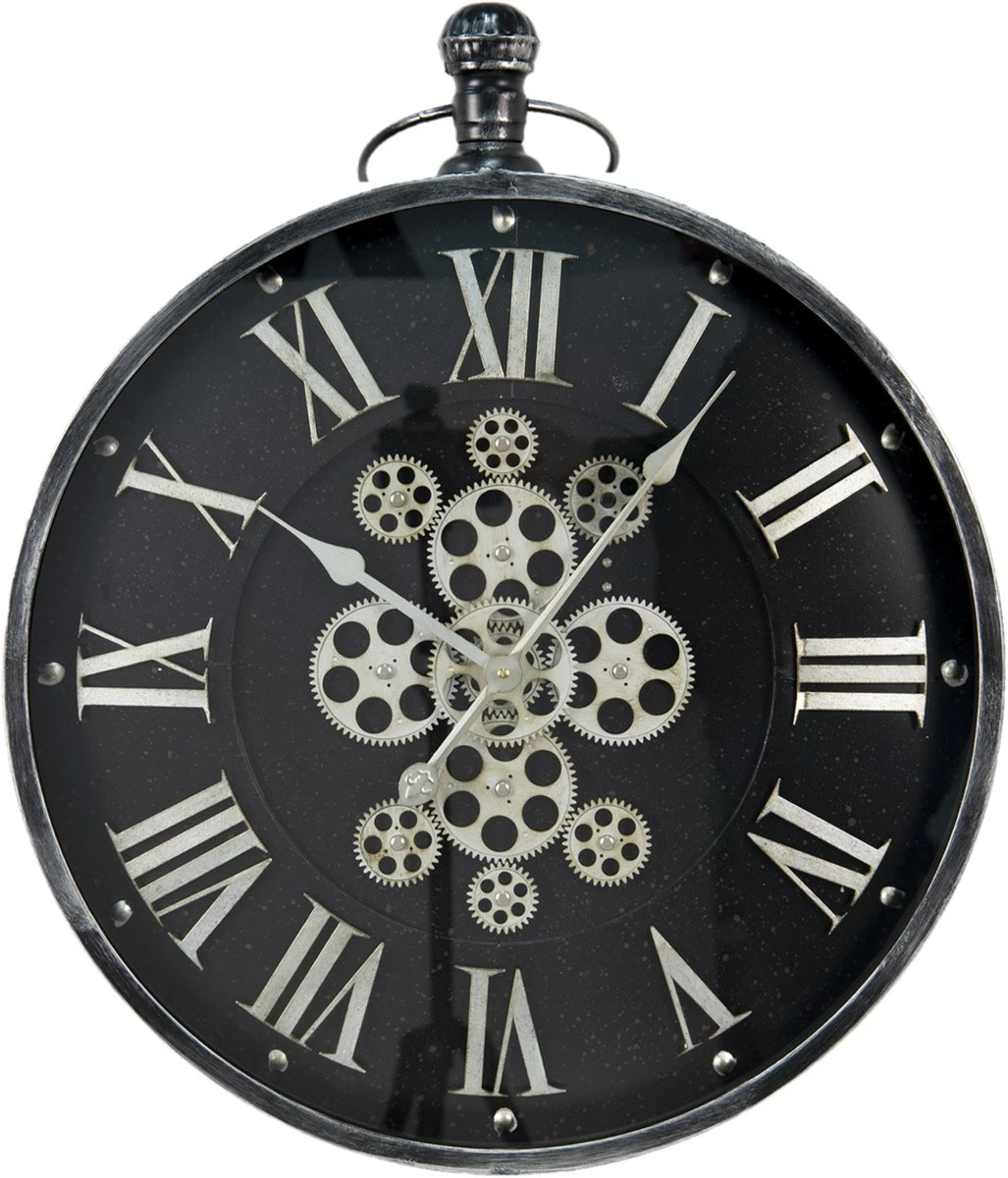 Clayre & Eef Wandklok 60x80 Cm Zwart Zilverkleurig MDF Ijzer Rond Muurklok Hangklok Keukenklok 6 Clayre & Eef Wandklok 60x80 Cm Zwart Zilverkleurig MDF Ijzer Rond Muurklok Hangklok Keukenklok - Afbeelding 4