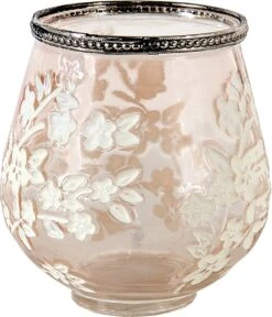 Clayre & Eef Theelichthouder Ø 12x13 Cm Roze Wit Glas Metaal Rond Bloemen Waxinelichthouder Windlichthouder