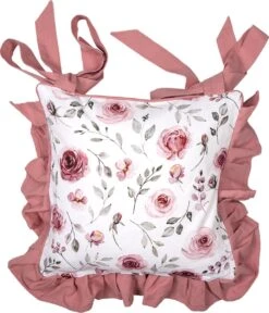 Clayre & Eef Kussenhoes Stoelkussen 40x40 Cm Wit Roze Katoen Vierkant Rozen Sierkussen Kussensloop Kussenbeschermer