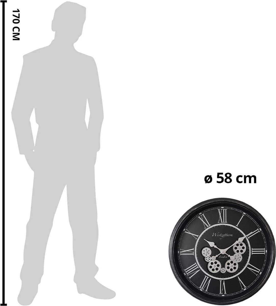 Clayre & Eef Wandklok Ø 58 Cm Zwart Zilverkleurig Kunststof Rond Muurklok Hangklok 6 Clayre & Eef Wandklok Ø 58 Cm Zwart Zilverkleurig Kunststof Rond Muurklok Hangklok - Afbeelding 4