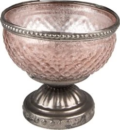 Clayre & Eef Theelichthouder Ø 11x10 Cm Roze Glas Metaal Waxinelichthouder Windlichthouder