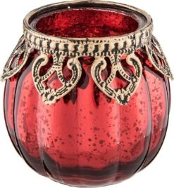 Clayre & Eef Theelichthouder Ø 8x8 Cm Rood Goudkleurig Glas Metaal Waxinelichthouder Windlichthouder