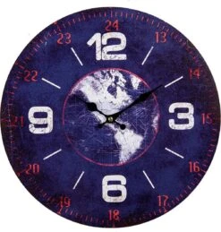 Clayre & Eef Wandklok Ø 34 Cm Blauw Wit MDF Rond Wereldkaart Muurklok Hangklok Keukenklok