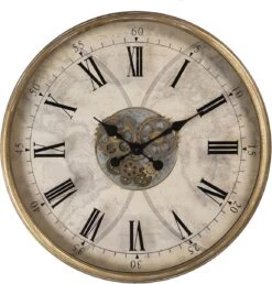 Clayre & Eef Wandklok Ø 72 Cm Goudkleurig Hout Ijzer Rond Muurklok Hangklok Keukenklok