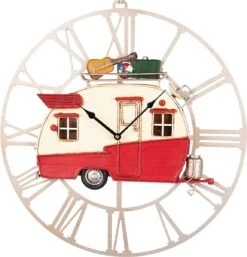 Clayre & Eef Wandklok 48x50 Cm Rood Bruin Metaal Rond Caravan Muurklok Hangklok