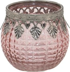 Clayre & Eef Theelichthouder Ø 6x5 Cm Roze Glas Metaal Rond Waxinelichthouder Windlichthouder