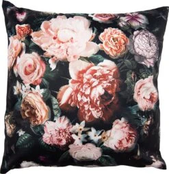 Clayre & Eef Kussenhoes 45x45 Cm Zwart Roze Polyester Bloemen Sierkussenhoes Kussen Hoes