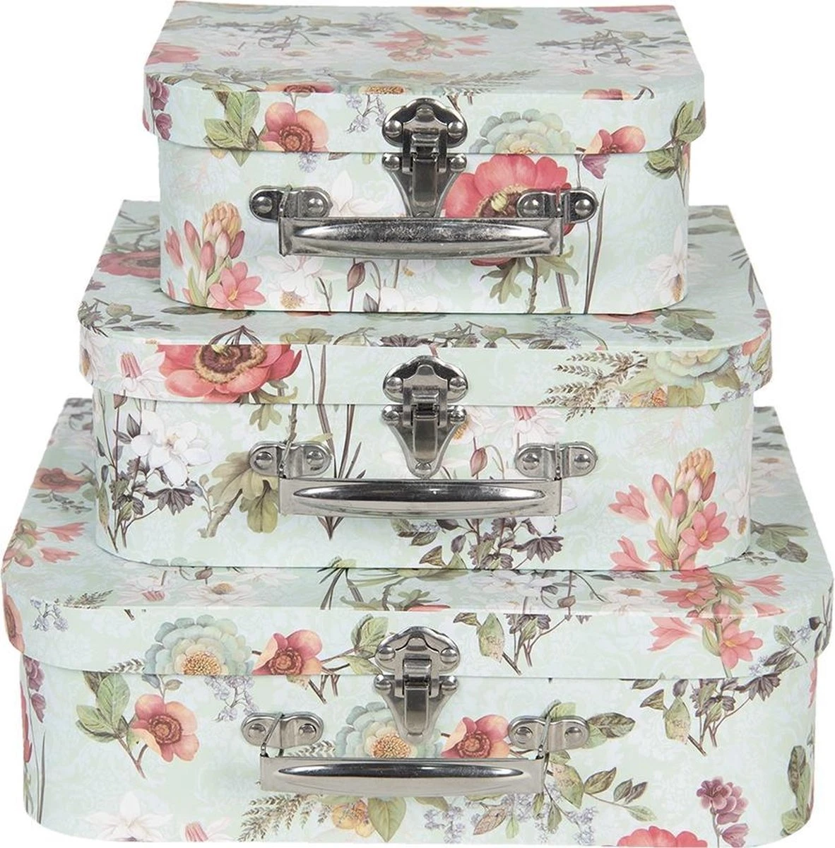 Clayre & Eef Decoratie Koffer Set Van 3 30x21x9/25x18x9/20x16x8 Cm Groen Karton Rechthoek Bloemen Opbergkoffer Koffer 5 Clayre & Eef Decoratie Koffer Set Van 3 30x21x9/25x18x9/20x16x8 Cm Groen Karton Rechthoek Bloemen Opbergkoffer Koffer - Afbeelding 3