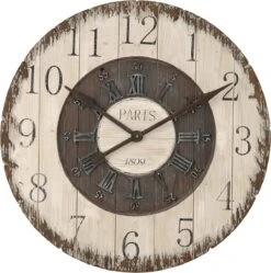 Clayre & Eef Wandklok Ø 80cm Wit Hout Kunststof Rond Muurklok Hangklok Keukenklok