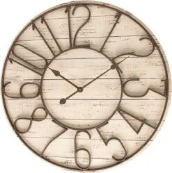 Clayre & Eef Wandklok Ø 70 Cm Beige Hout Ijzer Rond Muurklok Hangklok Keukenklok