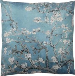 Clayre & Eef Sierkussen 45x45 Cm Blauw Groen Synthetisch Vierkant Bloesemtakken Kussenhoes Met Kussenvulling