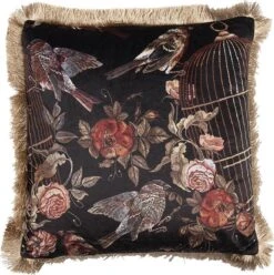 Clayre & Eef Sierkussen 45x45 Cm Zwart Rood Synthetisch Vierkant Vogels Kussenhoes Met Kussenvulling