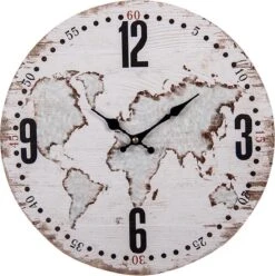 Clayre & Eef Wandklok Ø 34 Cm Beige MDF Rond Wereldkaart Muurklok Hangklok Keukenklok