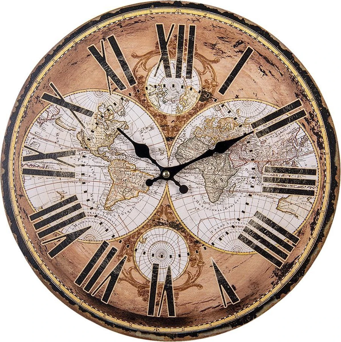 Clayre & Eef Wandklok Ø 34 Cm Bruin MDF Rond Wereldkaart Muurklok Hangklok Keukenklok 3 Clayre & Eef Wandklok Ø 34 Cm Bruin MDF Rond Wereldkaart Muurklok Hangklok Keukenklok