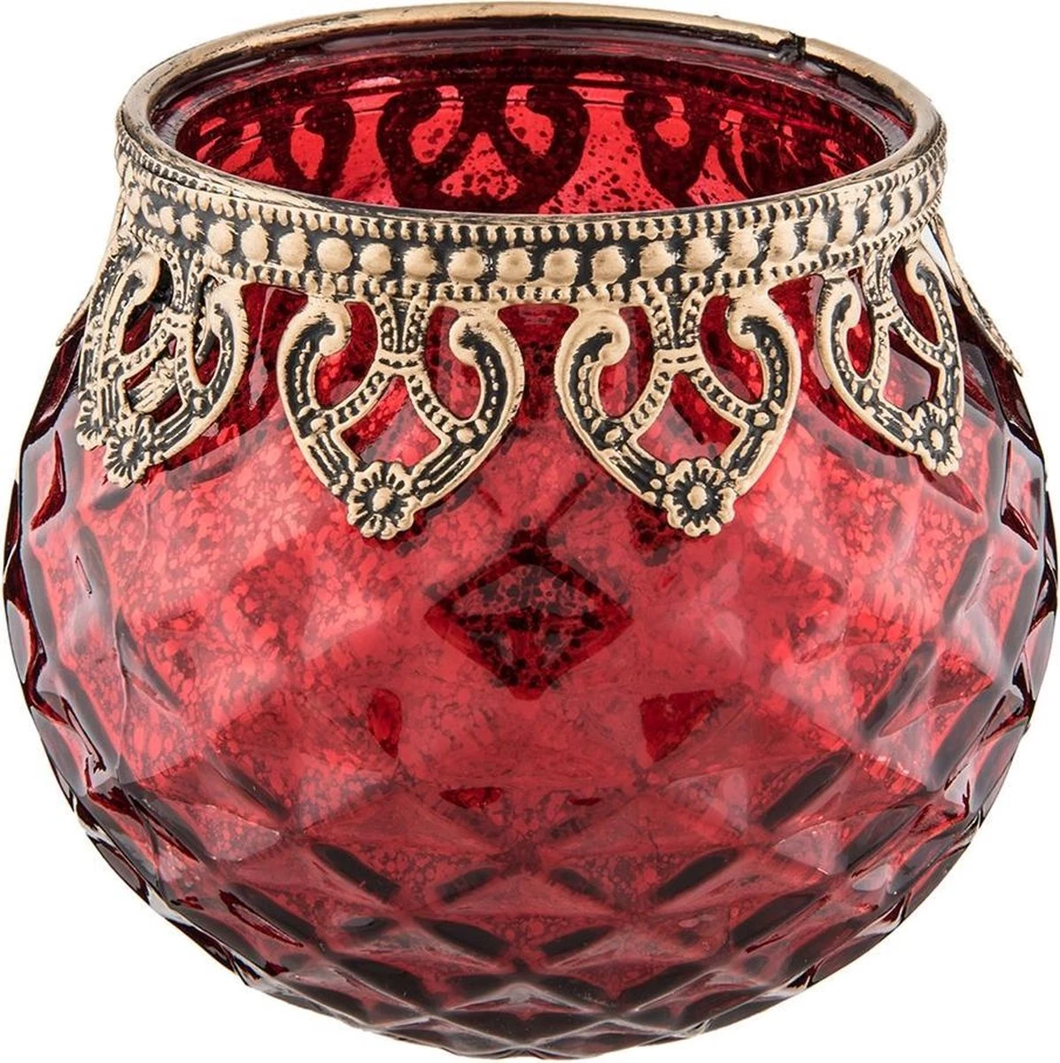 Clayre & Eef Theelichthouder Ø 10x10 Cm Rood Goudkleurig Glas Metaal Waxinelichthouder Windlichthouder 3 Clayre & Eef Theelichthouder Ø 10x10 Cm Rood Goudkleurig Glas Metaal Waxinelichthouder Windlichthouder