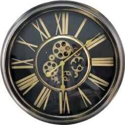 Clayre & Eef Wandklok Ø 64 Cm Zwart Goudkleurig Ijzer Glas Rond Muurklok Hangklok Keukenklok