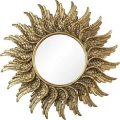 Clayre & Eef Spiegel Ø 47 Cm Goudkleurig Kunststof Rond Vleugels Grote Spiegel Wand Spiegel Muur Spiegel