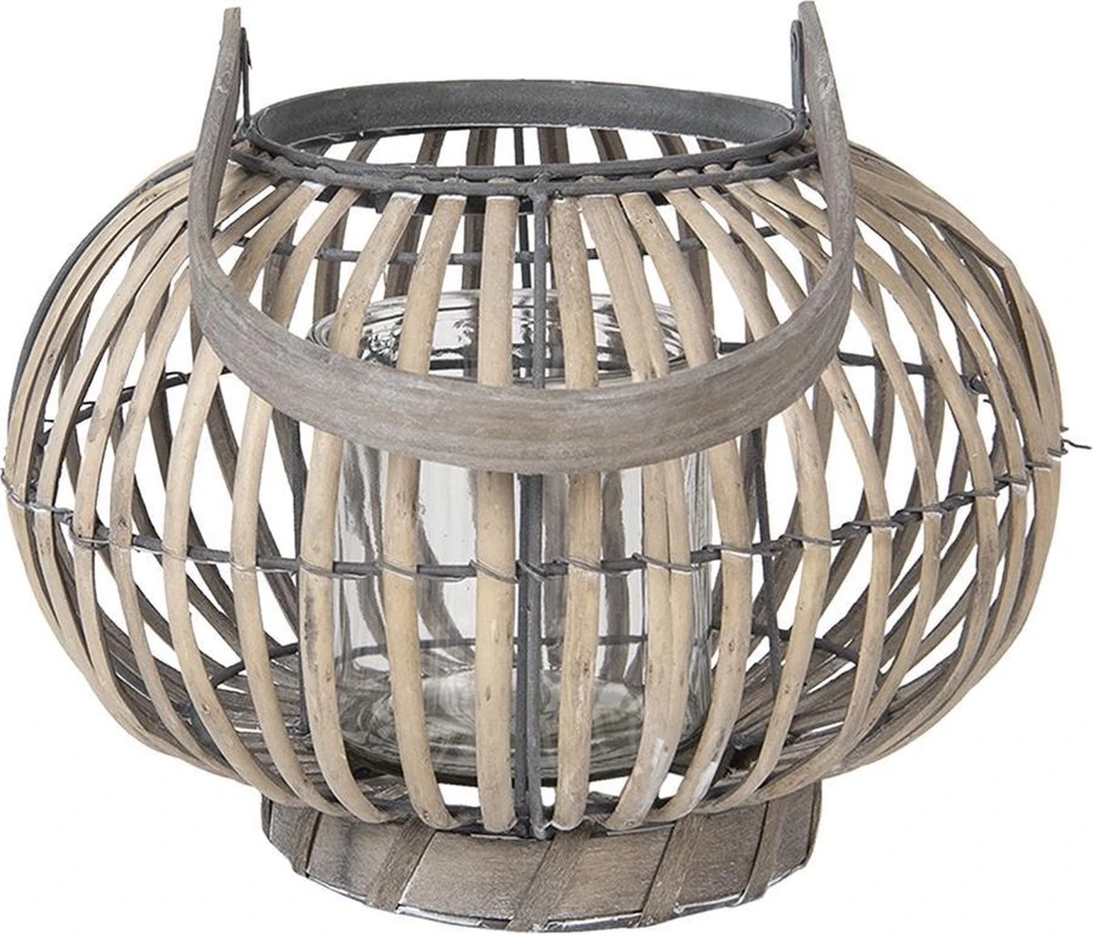 Clayre & Eef Windlicht Ø 25x18 Cm Grijs Hout Glas Rond Kaarsenhouder Sfeerverlichting