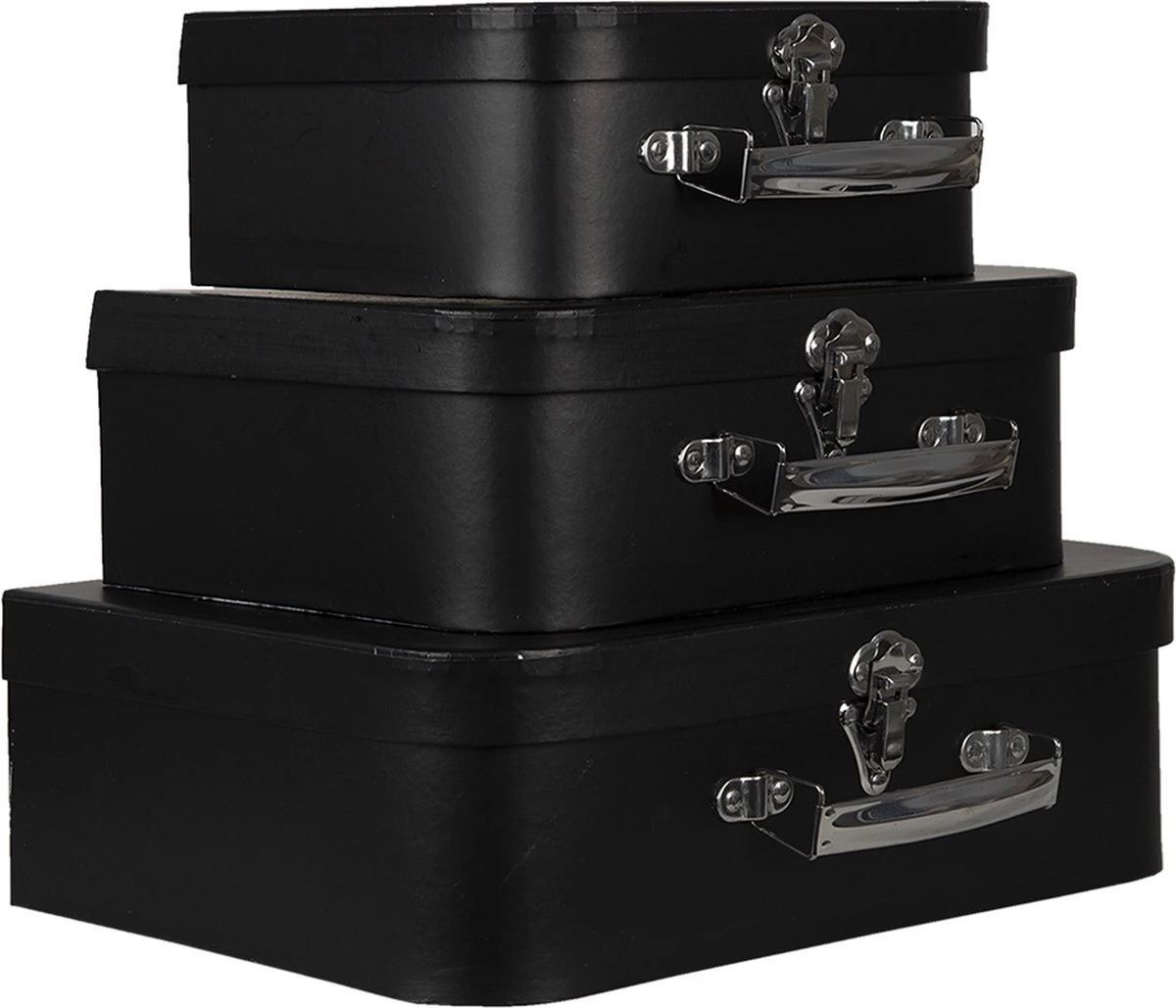 Clayre & Eef Decoratie Koffer Set Van 3 30x22x10 Cm Zwart Karton Opbergkoffer Koffer 4 Clayre & Eef Decoratie Koffer Set Van 3 30x22x10 Cm Zwart Karton Opbergkoffer Koffer - Afbeelding 2