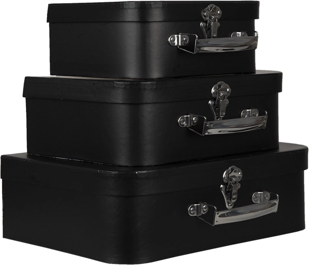 Clayre & Eef Decoratie Koffer Set Van 3 30x22x10 Cm Zwart Karton Opbergkoffer Koffer 5 Clayre & Eef Decoratie Koffer Set Van 3 30x22x10 Cm Zwart Karton Opbergkoffer Koffer - Afbeelding 3