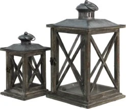 Clayre & Eef Lantaarns Set Van 2 Grijs Hout Glas Vierkant Kaarsenhouder Sfeerverlichting -Clayre & Eef 1200x1042 2