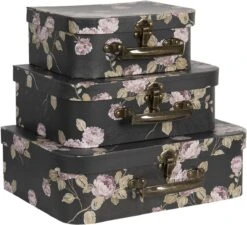 Clayre & Eef Decoratie Koffer Set Van 3 30x21x9/25x18x9/20x16x8 Cm Zwart Karton Rechthoek Bloemen Opbergkoffer Koffer -Clayre & Eef 1200x1092