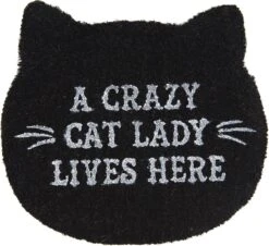 Clayre & Eef Deurmat 50x44 Cm Zwart Wit Kokosvezel Pvc Rond Crazy Cat Lady Kokosmat Mat Schoonloopmat