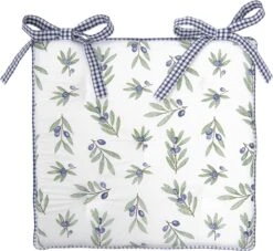 Clayre & Eef Stoelkussen Foam 40*40*4 Cm Wit Blauw Katoen Vierkant Olijftakken Zitkussen Tuinkussen Tuinstoelkussen