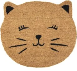 Clayre & Eef Deurmat Kat 50x44 Cm Bruin Zwart Kokosvezel Pvc Rond Kokosmat Mat Schoonloopmat
