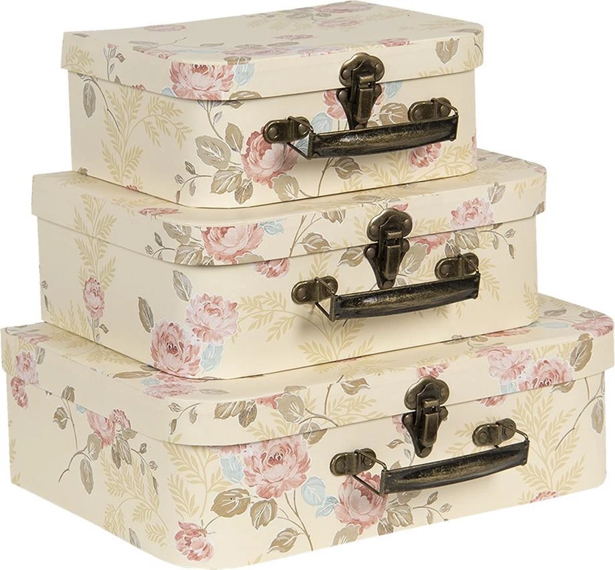 Clayre & Eef Decoratie Koffer Set Van 3 30x21x9/25x18x9/20x16x8 Cm Beige Karton Rechthoek Bloemen Opbergkoffer Koffer 3 Clayre & Eef Decoratie Koffer Set Van 3 30x21x9/25x18x9/20x16x8 Cm Beige Karton Rechthoek Bloemen Opbergkoffer Koffer