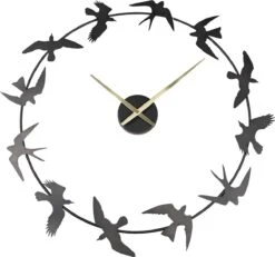 Clayre & Eef Wandklok 69x66 Cm Zwart Ijzer Rond Vogels Muurklok Hangklok Keukenklok