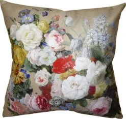 Clayre & Eef Kussenhoes 45x45 Cm Beige Wit Polyester Vierkant Bloemen Sierkussenhoes Kussen Hoes