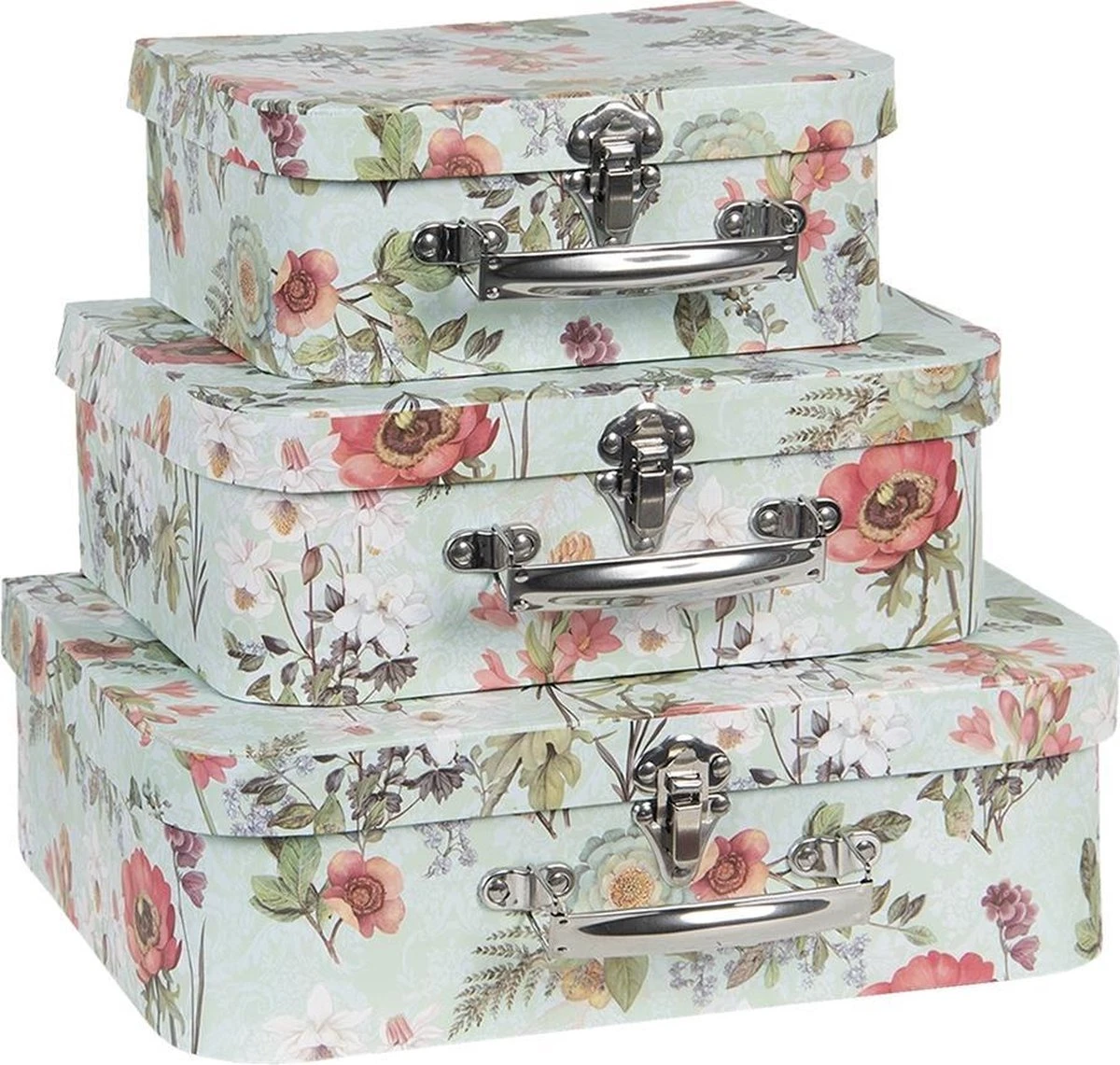 Clayre & Eef Decoratie Koffer Set Van 3 30x21x9/25x18x9/20x16x8 Cm Groen Karton Rechthoek Bloemen Opbergkoffer Koffer 3 Clayre & Eef Decoratie Koffer Set Van 3 30x21x9/25x18x9/20x16x8 Cm Groen Karton Rechthoek Bloemen Opbergkoffer Koffer