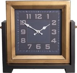 Clayre & Eef Staande Klok 34x34 Cm Zwart Goudkleurig Hout Metaal Vierkant Klok Op Voet Staande Klok Woonkamer