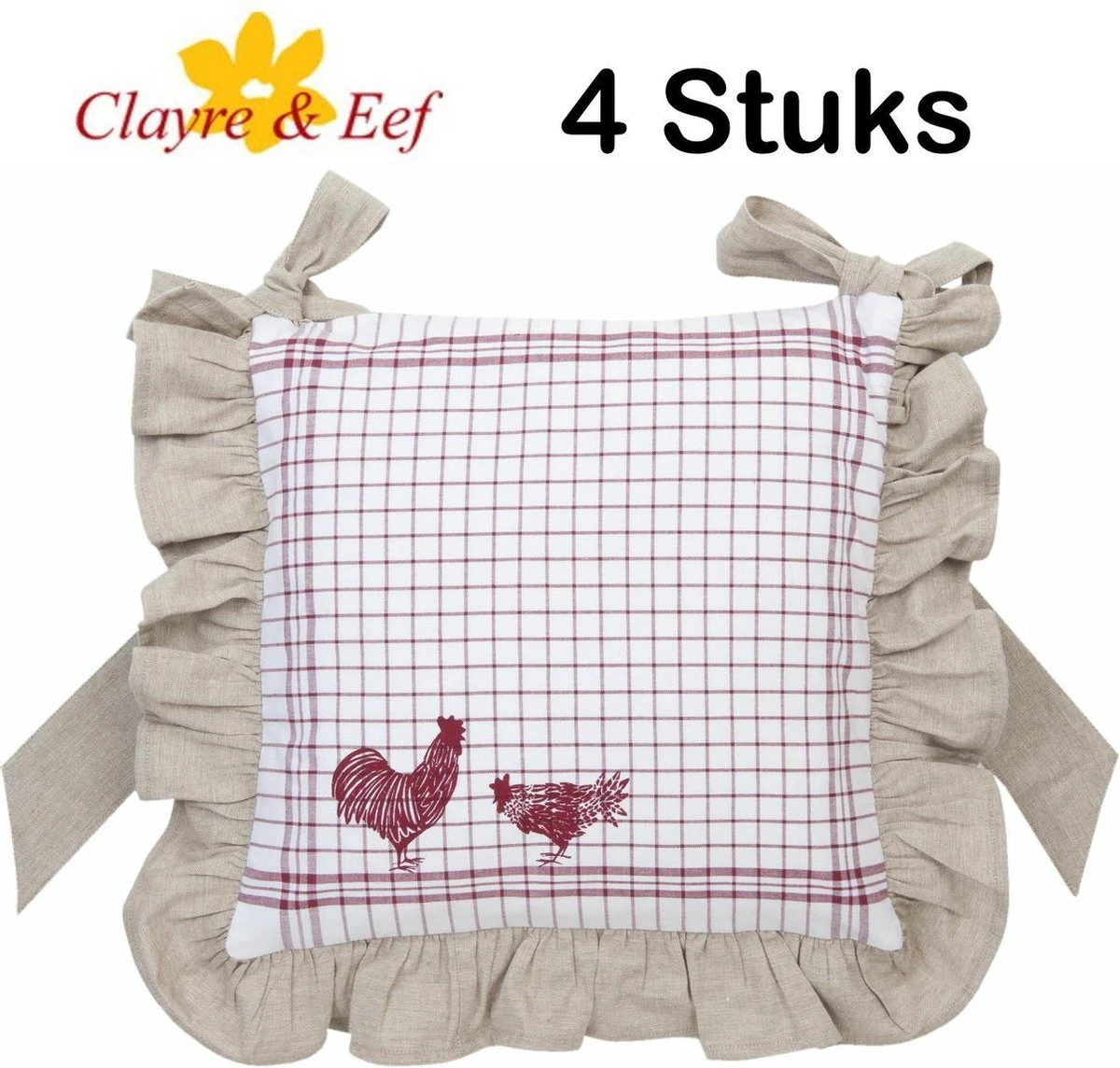 Kussenhoes Voor Stoelkussens - 100 % Katoen - Landelijk - Geruit - Kippen & Hanen - Country Side Chicken - Katoen - 40 X 40 Cm - 4 Stuks 3 Kussenhoes Voor Stoelkussens - 100 % Katoen - Landelijk - Geruit - Kippen & Hanen - Country Side Chicken - Katoen - 40 X 40 Cm - 4 Stuks