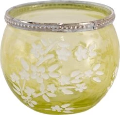 Clayre & Eef Theelichthouder Ø 10x9 Cm Groen Wit Glas Metaal Rond Bloemen Waxinelichthouder Windlichthouder