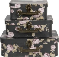 Clayre & Eef Decoratie Koffer Set Van 3 30x21x9/25x18x9/20x16x8 Cm Zwart Karton Rechthoek Bloemen Opbergkoffer Koffer -Clayre & Eef 1200x1156 3