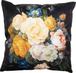 Clayre & Eef Kussenhoes 45x45 Cm Zwart Geel Polyester Bloemen Sierkussenhoes Kussen Hoes