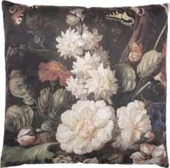 Clayre & Eef Sierkussen 45x45 Cm Zwart Wit Synthetisch Vierkant Bloemen Kussenhoes Met Kussenvulling