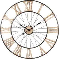 Clayre & Eef Wandklok Ø 80 Cm Bruin Hout Metaal Rond Muurklok Hangklok Keukenklok