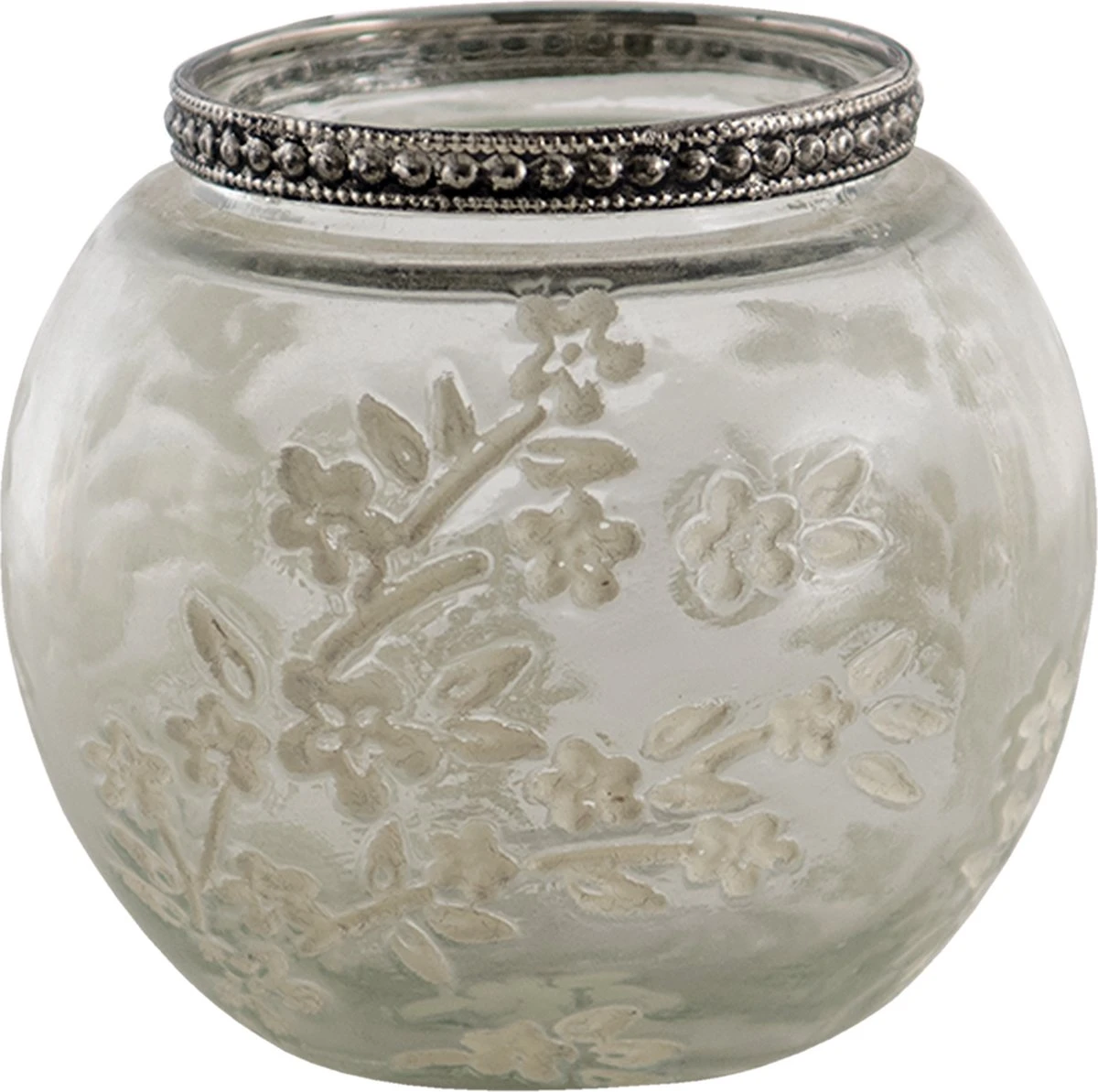 Clayre & Eef Theelichthouder Ø 10x9 Cm Wit Glas Metaal Rond Bloemen Waxinelichthouder Windlichthouder 3 Clayre & Eef Theelichthouder Ø 10x9 Cm Wit Glas Metaal Rond Bloemen Waxinelichthouder Windlichthouder
