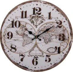 Clayre & Eef Wandklok Ø 34 Cm Wit MDF Rond Wereldkaart Muurklok Hangklok Keukenklok