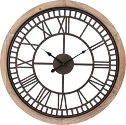 Clayre & Eef Wandklok Ø 60 Cm Bruin Hout Metaal Rond Muurklok Hangklok Keukenklok