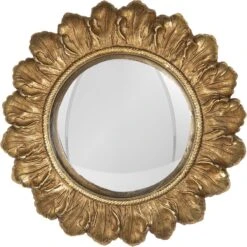 Clayre & Eef Spiegel Ø 18 Cm Goudkleurig Kunststof Rond Bladeren Grote Spiegel Wand Spiegel Muur Spiegel
