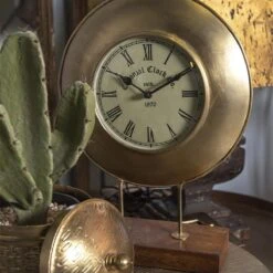 Clayre & Eef Tafelklok 27x9x36 Cm Goudkleurig Bruin Ijzer Hout Rond Tafelklokken Binnen Staand Klokje Tafelklokje -Clayre & Eef 1200x1200 198